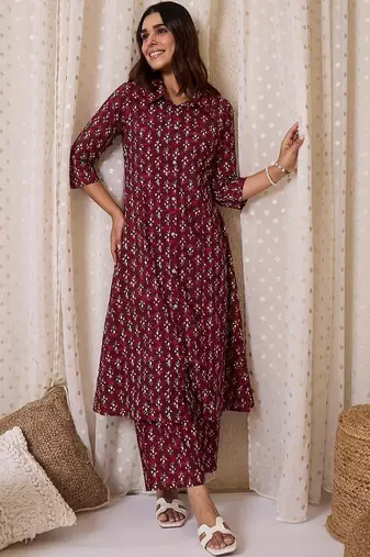 Women Floral Printed Pure Cotton Anarkali Kurta with Trouser