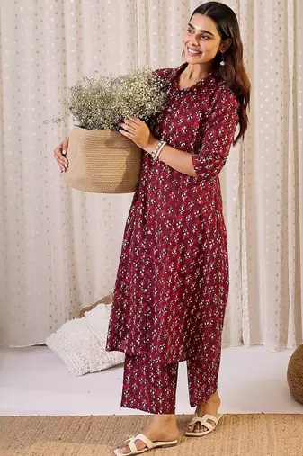 Women Floral Printed Pure Cotton Anarkali Kurta with Trouser
