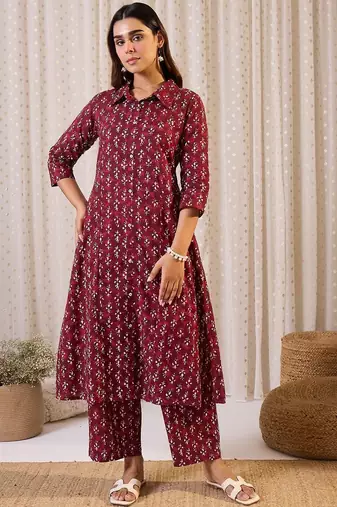 Women Floral Printed Pure Cotton Anarkali Kurta with Trouser