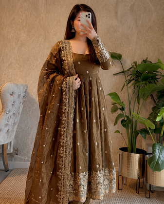 coffee color sequin embroidery silk blend gown set