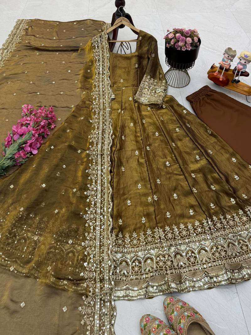 coffee color sequin embroidery silk blend gown set