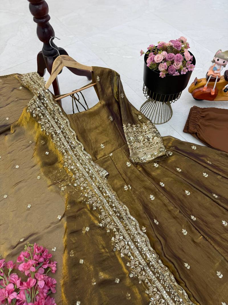 coffee color sequin embroidery silk blend gown set