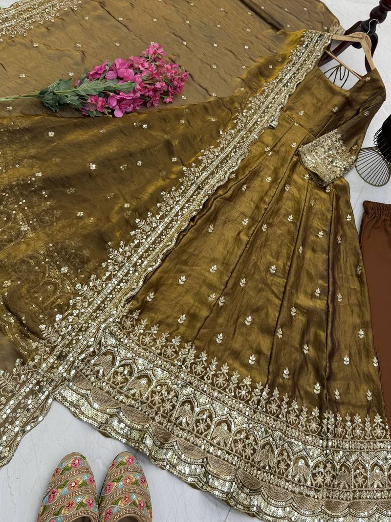 coffee color sequin embroidery silk blend gown set