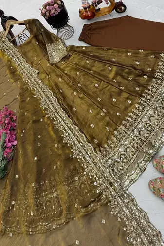 coffee color sequin embroidery silk blend gown set