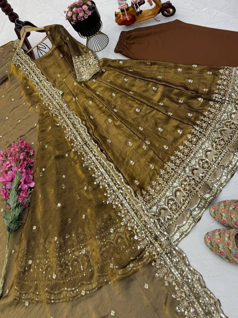 coffee color sequin embroidery silk blend gown set