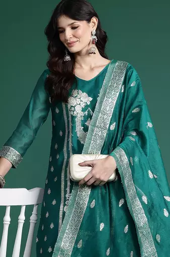 Ethnic Motifs Woven Design Kurta with Trousers & With Dupatta