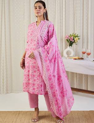 Women Floral Printed Regular Pure Cotton Kurta with Trousers & With Dupatta 4