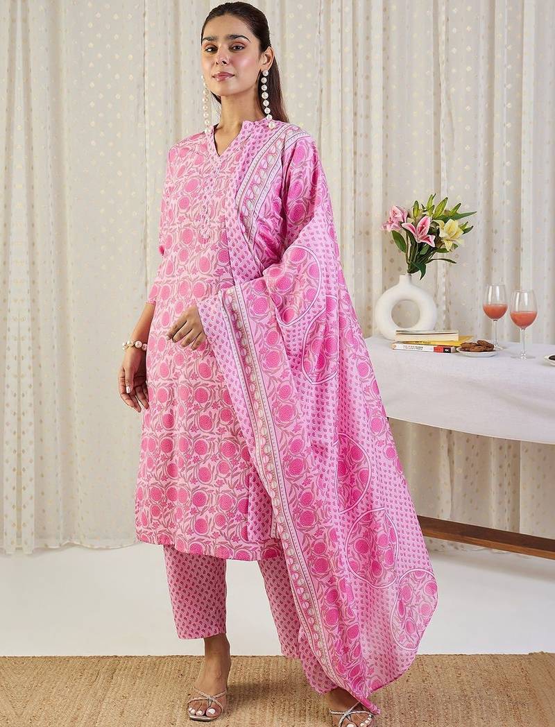 Women Floral Printed Regular Pure Cotton Kurta with Trousers & With Dupatta
