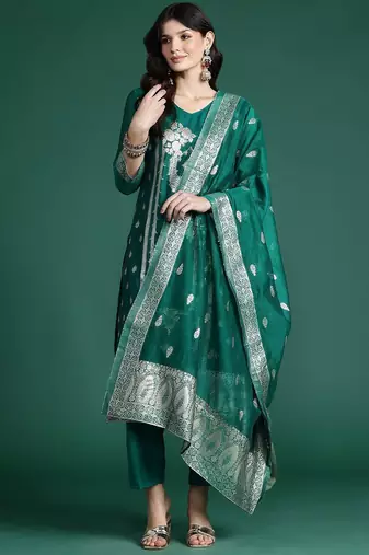 Ethnic Motifs Woven Design Kurta with Trousers & With Dupatta