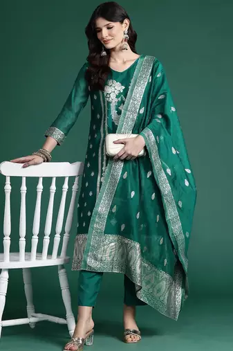 Ethnic Motifs Woven Design Kurta with Trousers & With Dupatta