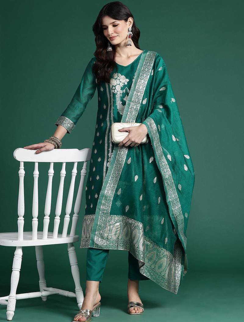 Ethnic Motifs Woven Design Kurta with Trousers & With Dupatta