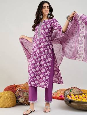 Purple Floral Printed Mirror Work Pure Cotton Kurta with Trousers & Dupatta 1