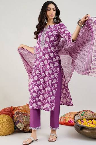 Purple Floral Printed Mirror Work Pure Cotton Kurta with Trousers & Dupatta