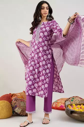 Purple Floral Printed Mirror Work Pure Cotton Kurta with Trousers & Dupatta