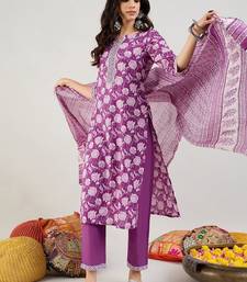 Purple Floral Printed Mirror Work Pure Cotton Kurta with Trousers & Dupatta