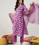 Purple Floral Printed Mirror Work Pure Cotton Kurta with Trousers & Dupatta