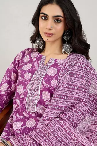 Purple Floral Printed Mirror Work Pure Cotton Kurta with Trousers & Dupatta