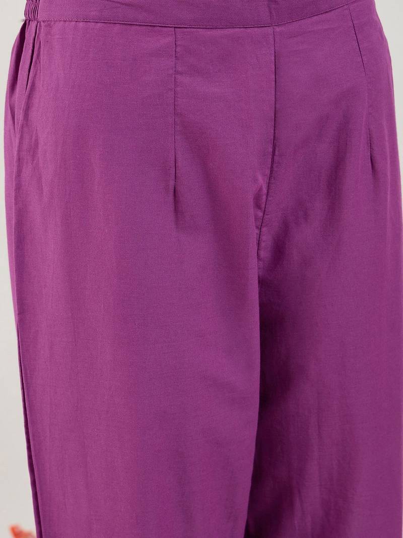 Purple Floral Printed Mirror Work Pure Cotton Kurta with Trousers & Dupatta
