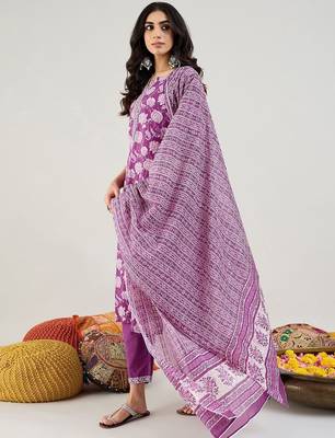Purple Floral Printed Mirror Work Pure Cotton Kurta with Trousers & Dupatta 5