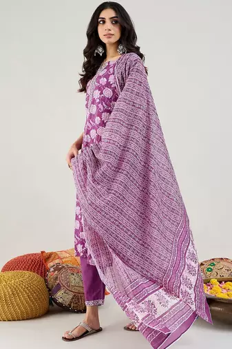 Purple Floral Printed Mirror Work Pure Cotton Kurta with Trousers & Dupatta