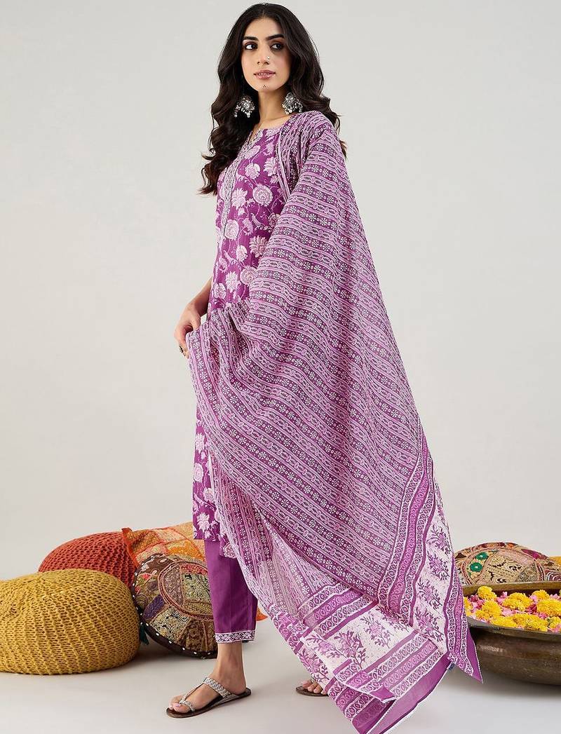Purple Floral Printed Mirror Work Pure Cotton Kurta with Trousers & Dupatta