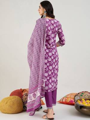 Purple Floral Printed Mirror Work Pure Cotton Kurta with Trousers & Dupatta 6