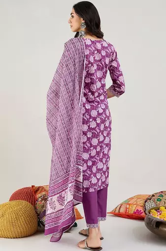 Purple Floral Printed Mirror Work Pure Cotton Kurta with Trousers & Dupatta
