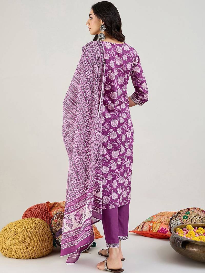 Purple Floral Printed Mirror Work Pure Cotton Kurta with Trousers & Dupatta