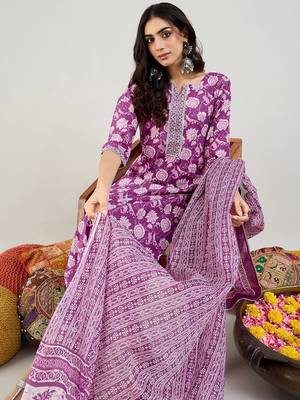 Purple Floral Printed Mirror Work Pure Cotton Kurta with Trousers & Dupatta 7