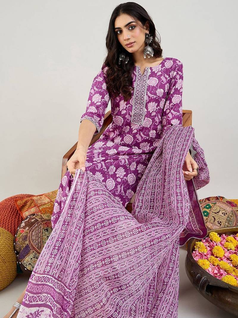 Purple Floral Printed Mirror Work Pure Cotton Kurta with Trousers & Dupatta