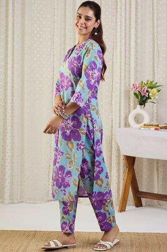 Floral Printed V-Neck Pure Cotton Straight Kurta With Trousers