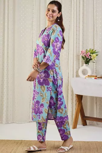 Floral Printed V-Neck Pure Cotton Straight Kurta With Trousers