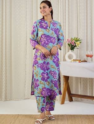 Floral Printed V-Neck Pure Cotton Straight Kurta With Trousers 2