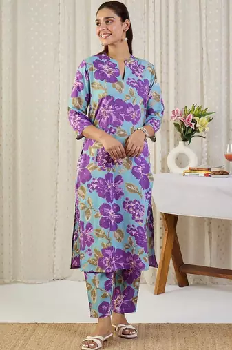Floral Printed V-Neck Pure Cotton Straight Kurta With Trousers