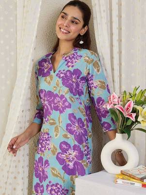 Floral Printed V-Neck Pure Cotton Straight Kurta With Trousers 3