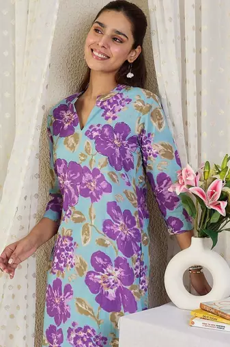 Floral Printed V-Neck Pure Cotton Straight Kurta With Trousers