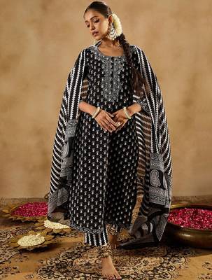 Black Ethnic Motifs Printed Pure Cotton Straight Kurta With Trousers & Dupatta 1