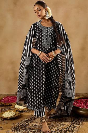 Black Ethnic Motifs Printed Pure Cotton Straight Kurta With Trousers & Dupatta