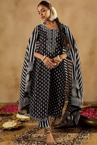 Black Ethnic Motifs Printed Pure Cotton Straight Kurta With Trousers & Dupatta