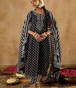 Black Ethnic Motifs Printed Pure Cotton Straight Kurta With Trousers & Dupatta