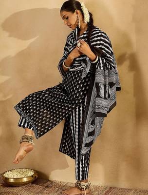 Black Ethnic Motifs Printed Pure Cotton Straight Kurta With Trousers & Dupatta 5