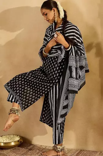 Black Ethnic Motifs Printed Pure Cotton Straight Kurta With Trousers & Dupatta