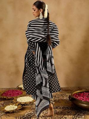 Black Ethnic Motifs Printed Pure Cotton Straight Kurta With Trousers & Dupatta 6