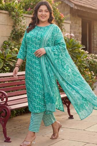 Plus Size Teal Printed Straight Kurta Trousers With Dupatta Set