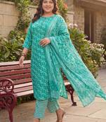 Plus Size Teal Printed Straight Kurta Trousers With Dupatta Set