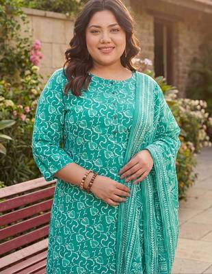 Plus Size Teal Printed Straight Kurta Trousers With Dupatta Set 3