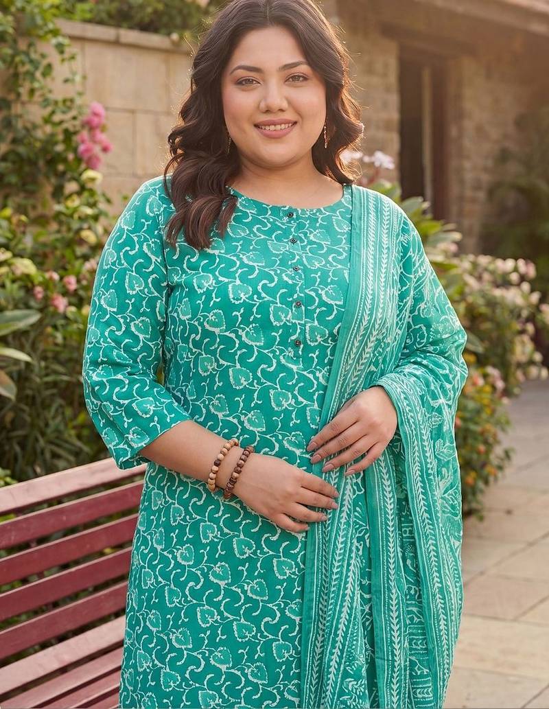 Plus Size Teal Printed Straight Kurta Trousers With Dupatta Set