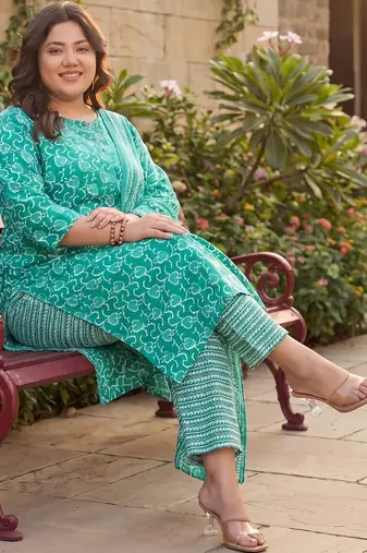 Plus Size Teal Printed Straight Kurta Trousers With Dupatta Set