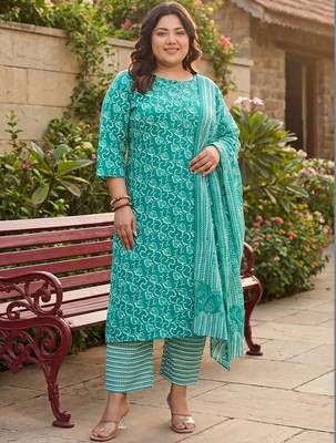 Plus Size Teal Printed Straight Kurta Trousers With Dupatta Set 6