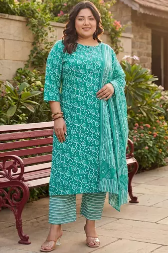 Plus Size Teal Printed Straight Kurta Trousers With Dupatta Set